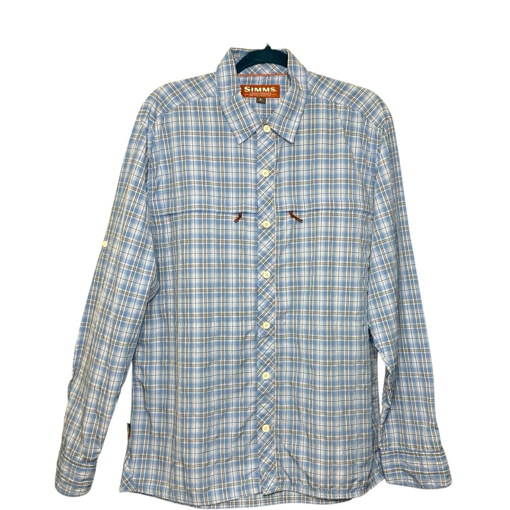 Simms Fishing Button Up Shirt Long Sleeve Blue Plaid Sz L Quick Dry Zip Pocket
